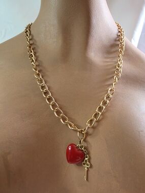 Chunky Gold Chain with Red Heart & Gold Key Pendant.
